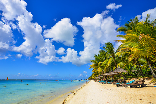 Trou-aux-Biches, Mauritius - Jan 4, 2017. Beautiful beach in Trou-aux-Biches, Mauritius. Trou-aux-Biches is a beach-town on the northern coast of Mauritius.