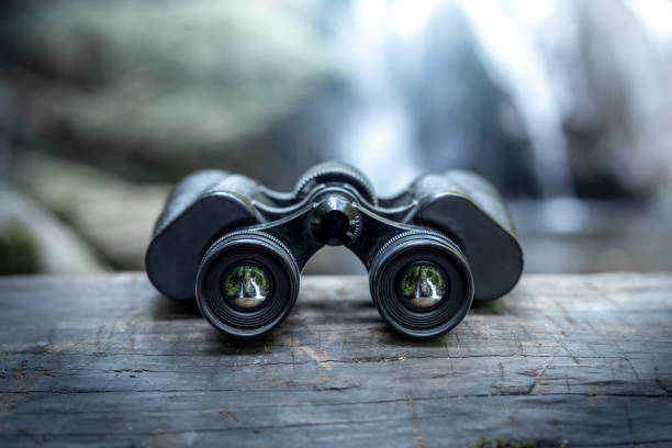 istock Close up binoculars on wood in forest with the waterfall behind. 1496574099