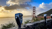 Panoramic view of the Golden Gate Bridge from the bay area and the discovery museum in San Francisco, USA. Emblematic bridge of the U.S. state of California.