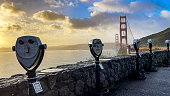 Panoramic photograph of the Golden Gate Bridge from bay area and discovery museum in San Francisco, USA. Emblematic bridge of the US state of California.