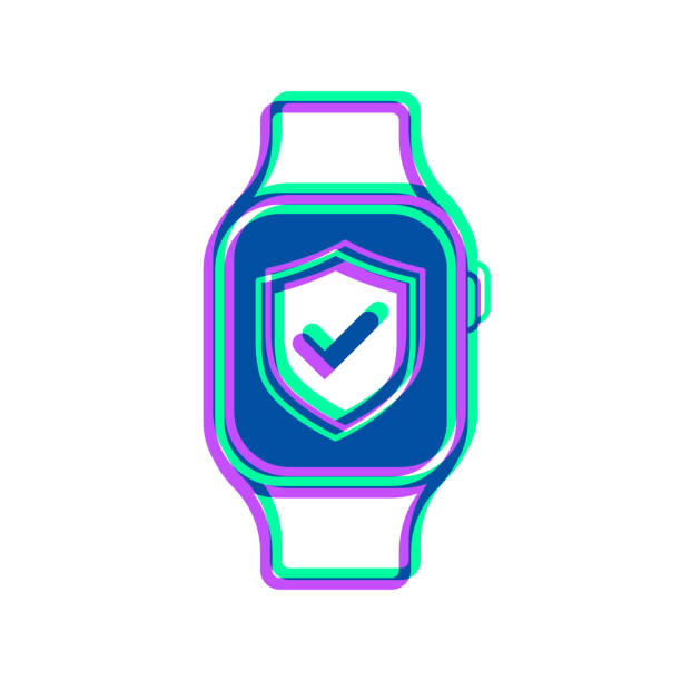 ilustraciones, imágenes clip art, dibujos animados e iconos de stock de reloj inteligente seguro. icono con superposición de dos colores sobre fondo blanco - check mark digital composite blue computer icon