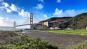 The Golden Gate Bridge as seen from the Presidio Yacht Club in the city of San Francisco, USA. Emblematic bridge of the U.S. state of California.