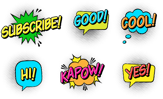 Expression Text SUBSCRIBE, GOOD, COOL, HI, KAPOW, YES. Cartoon Speech Bubble. Comic Retro Dialog. Surprise or Explosion Symbol. Social Media Followers.