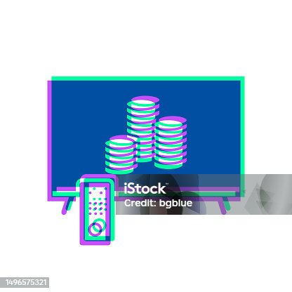 istock TV with stack of coins. Icon with two color overlay on white background 1496575321