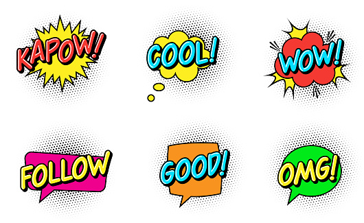 Expression Text KAPOW, COOL, WOW, FOLLOW, GOOD, OMG. Cartoon Speech Bubble. Comic Retro Dialog. Surprise or Explosion Symbol. Social Media Followers.