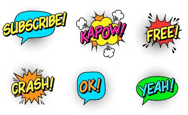 Vector illustration of Expression Text SUBSCRIBE, KAPOW, FREE, CRASH, OK, YEAH. Cartoon Speech Bubble. Comic Retro Dialog. Surprise or Explosion Symbol.