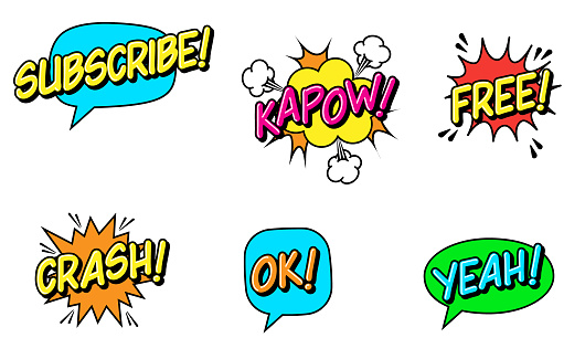Expression Text SUBSCRIBE, KAPOW, FREE, CRASH, OK, YEAH. Cartoon Speech Bubble. Comic Retro Dialog. Surprise or Explosion Symbol. Social Media Followers.