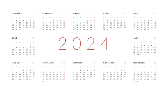 2024 Annual Calendar template. Vector layout of a wall or desk simple calendar with week start Monday. Horizontal Calendar design in black and white colors, holidays in red colors.