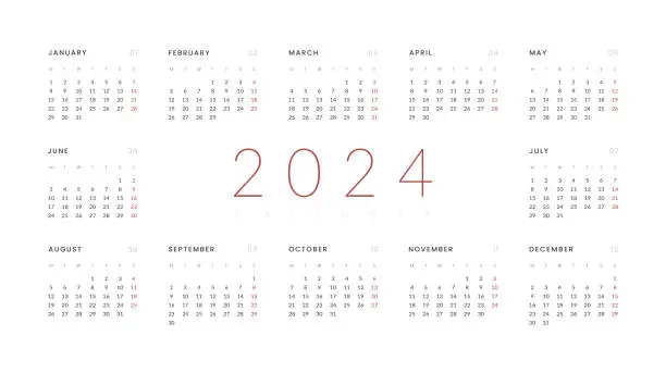 Vector illustration of 2024 Annual Calendar template. Vector layout of a wall or desk simple calendar with week start Monday. Horizontal Calendar design in black and white colors, holidays in red colors.