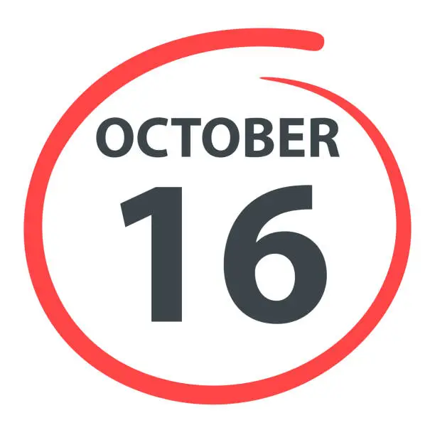 Vector illustration of October 16 - Date circled in red on white background