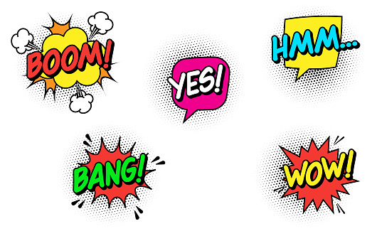 Comic Book Style Speech Bubble Effects From the 1950s. Words That Are Also Suitable For Use on Social Media Accounts. Can be Enlarged or Reduced to Any Size, No Loss of Quality. Cute, Colorful Vector Illustration.