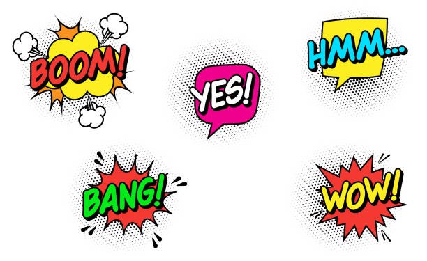 Retro Style Comic Book Expression Text BOOM, BANG, HMM, WOW, YES. Comic Book Style Speech Bubble Effects From the 1950s. Words That Are Also Suitable For Use on Social Media Accounts. Can be Enlarged or Reduced to Any Size, No Loss of Quality. Cute, Colorful Vector Illustration. humor stock illustrations