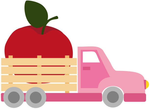 만화 스타일의 빨간 사과가 있는 분홍색 트럭이 있는 벡터 그림 - pick up truck old car traffic stock illustrations