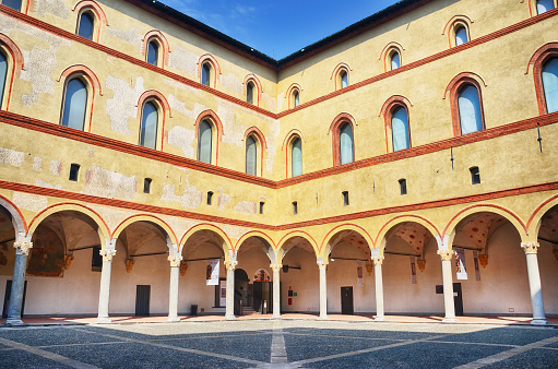 Courtyard of the Castello Sforzesco, Milan Italy. Imagery taken from public open space