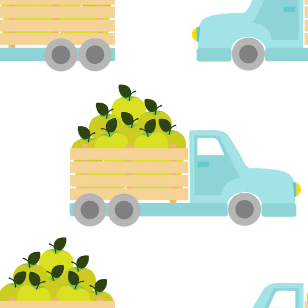 벡터 매끄러운 패턴 만화 스타일의 녹색 사과와 트럭과 함께 - pick up truck old car traffic stock illustrations