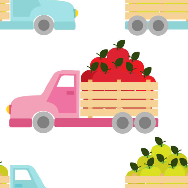 만화 스타일의 녹색과 빨간색 사과가 있는 트럭이 있는 벡터 원활한 패턴 - pick up truck old car traffic stock illustrations