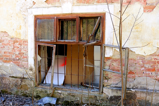 Old broken window, brick facade, lost place, broken glass, old factory, old site, abandones house