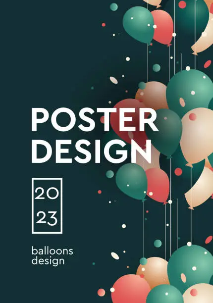 Vector illustration of Poster design festive background with colorful helium balloons. Celebrate a birthday, graduation, happy anniversary. Vector illustration.