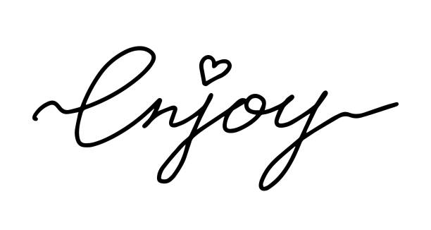 istock Enjoy word with heart hand drawn lettering. Vector black typography isolated on white background. Design for prints, poster, banner 1496581039