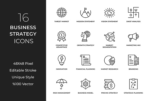 Designed with precision and attention to detail, these icons represent various aspects of strategic planning, analysis, and decision-making in the business world. From market research and competitive analysis to goal setting and performance measurement, this icon set covers a wide range of essential business strategy concepts.