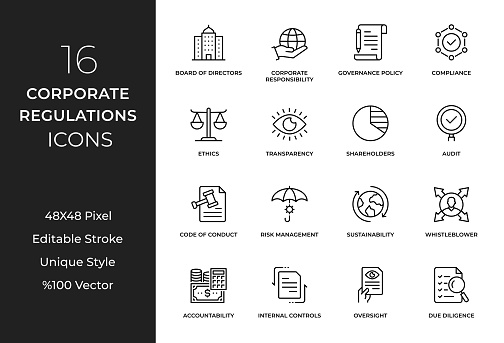These meticulously crafted icons cover a wide range of regulatory concepts and elements related to corporate governance and compliance. From legal frameworks and policies to ethics and risk management, these icons provide visual representations of key components in corporate regulations.