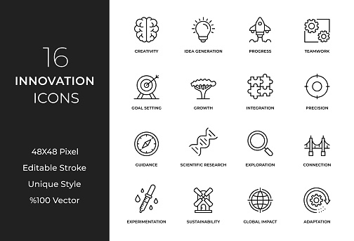 These icons beautifully depict the various aspects of innovation, from ideation and problem-solving to breakthrough moments and cutting-edge technology.