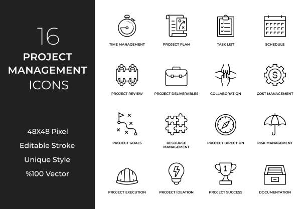 Project Management Line Icon Set These meticulously crafted icons represent various aspects of project management, including task management, timelines, milestones, communication, team collaboration, and project documentation. With these icons, you can visually communicate concepts such as project planning, scheduling, resource allocation, risk management, and project success. agile workflow stock illustrations