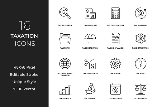 These meticulously designed icons cover various aspects of taxation, including income tax, sales tax, property tax, corporate tax, and more. Illustrate concepts such as tax forms, financial statements, tax planning, audits, deductions, and tax compliance with these versatile icons.