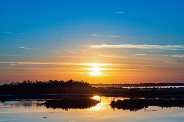 Scenic sunset at a lake with glittering water