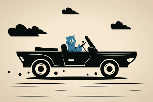 Vector illustration of A smiling blue man driving a convertible car