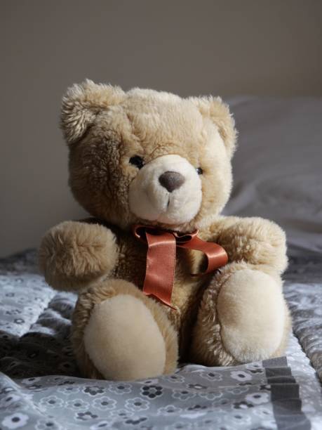istock a brown teddy bear sitting on top of a bed next to a pillow 1496585507