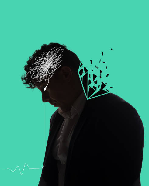 istock Man suffering from mental breakdown, depression, sadness and obsessive thoughts. Contemporary art collage. 1496585861