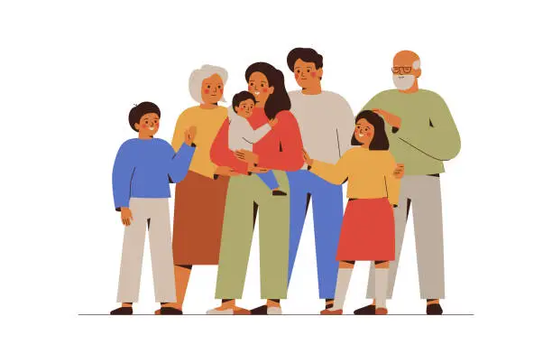 Vector illustration of Happy big family with children, parents and grandparents. Three generations stand and embrace together.