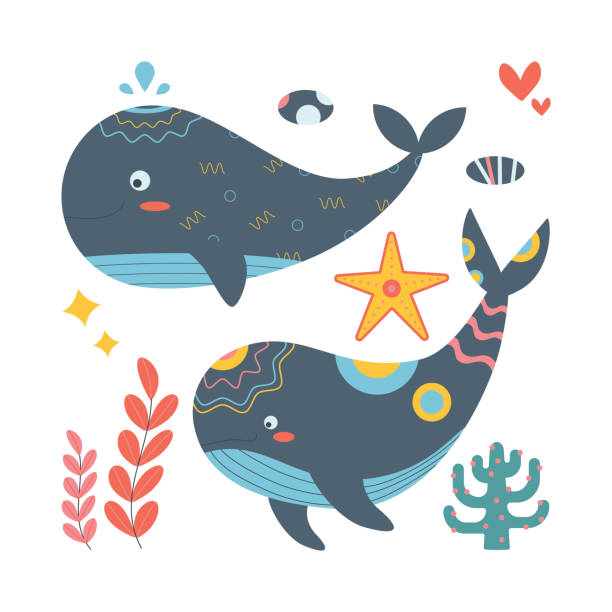 istock Set of marine elements fish, starfish, seaweed, whale in flat cartoon style. 1496589715