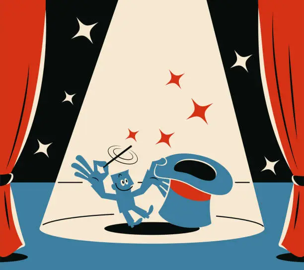 Vector illustration of A smiling blue man holding a magic hat and waving his magic wand on stage with a spotlight