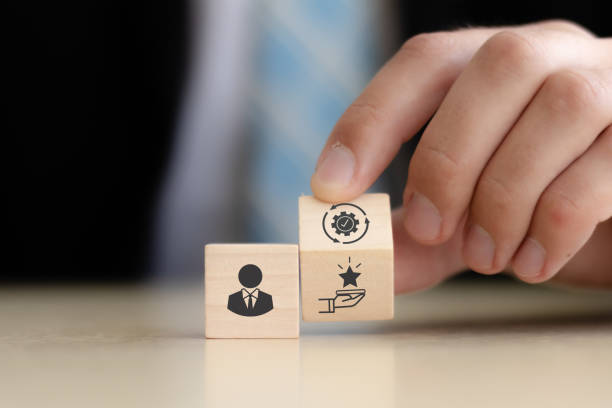 istock Employee productivity improvement concept. Increasing employee efficiency. Employee development, working smarter, harder, faster or with better skills. Wooden cube blocks with productivity icons. 1496589895