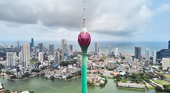 Aerial view of the main attraction, the Lotus Tower in the capital of Sri Lanka, Colombo.