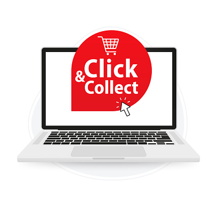 Click and collect on the laptop screen. Commercial label. Mouse cursor or Hand pointer. Concept online order or internet shopping. Ecommerce, internet sales and retail. Vector illustration