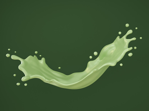 3D green tea milk splashing on black background photo realistic