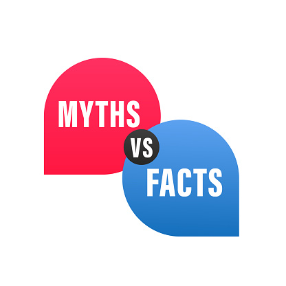 Myths vs facts on red and blue bubbles. Facts vs myths. Concept of thorough fact-checking or easy compare evidence. Badges for marketing and advertising. Vector illustration