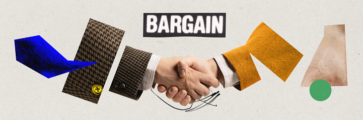 Bargain. Business people, men shaking hands, making professional deal. Business cooperation and partnership. Contemporary art collage. Concept of business, surrealism, innovations, office