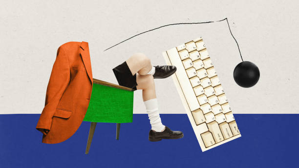 istock Man, employee sitting in armchair and generating creative ideas, working with computer keyboard, finishing tasks, deadlines. Contemporary art collage. 1496592751