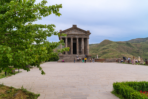 Garni, Armenia - June 10, 2022 - The pagan temple of Garni in Armenia, built in the I century AD, was destroyed in the earthquake of 1679, restored from the ruins in Soviet times.