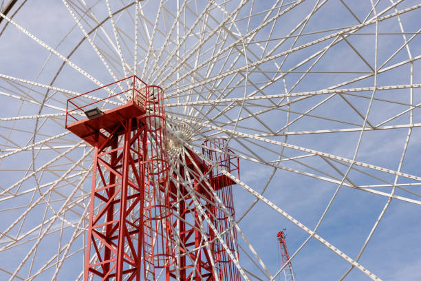 Looking up at part of a large Ferris wheel.