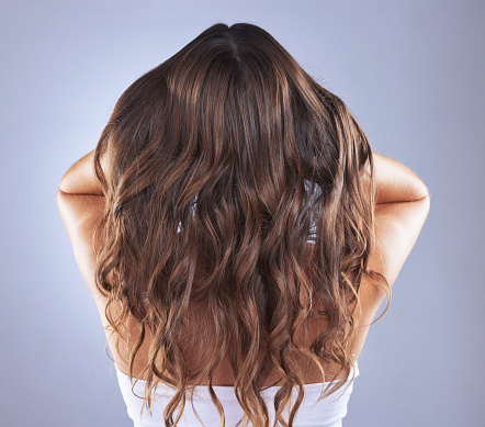 Woman, beauty and hair in studio for curls, growth and healthy shine on blue background. Aesthetic female model back for haircare, self care and cosmetic results for salon or hairdresser treatment