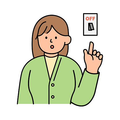 Woman Turning Off Lights to Conserve Energy. Environment, Power and Saving Energy Concept. Cartoon Flat Vector illustration.