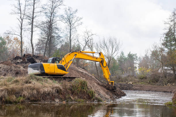 istock Big industrial excavator digging pond in the countryside 1496596766