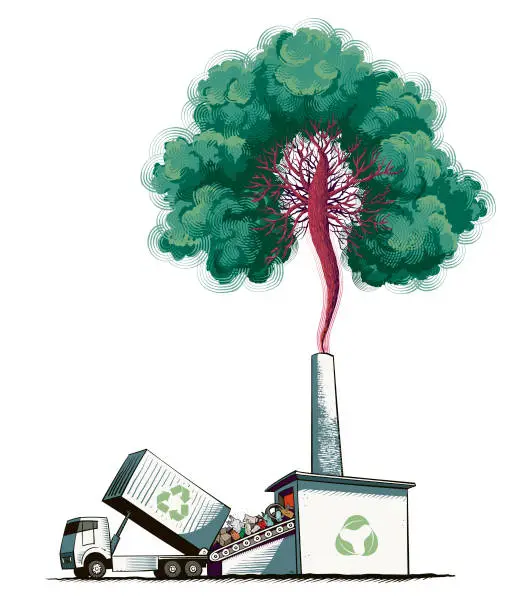 Vector illustration of tree emerges from the chimney of the recycling plant