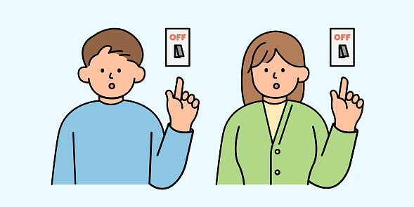 Man and Woman Turning Off Lights to Conserve Energy. Environment, Power and Saving Energy Concept. Cartoon Flat Vector illustration.