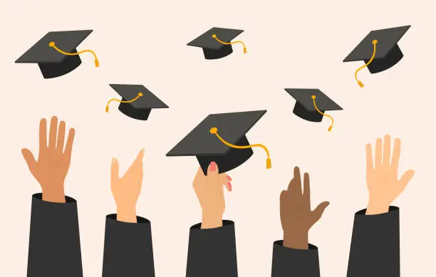 Vector illustration of Graduating Students Throwing Graduation Caps. Celebrating Diploma And Graduation